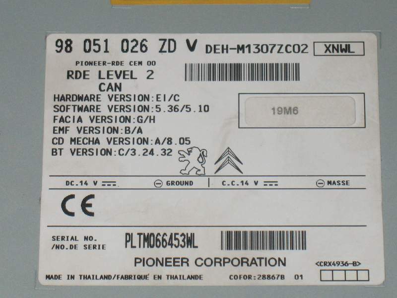 Peugeot 208 radio cd player 98051026zd pioneer bluetooth usb mp3